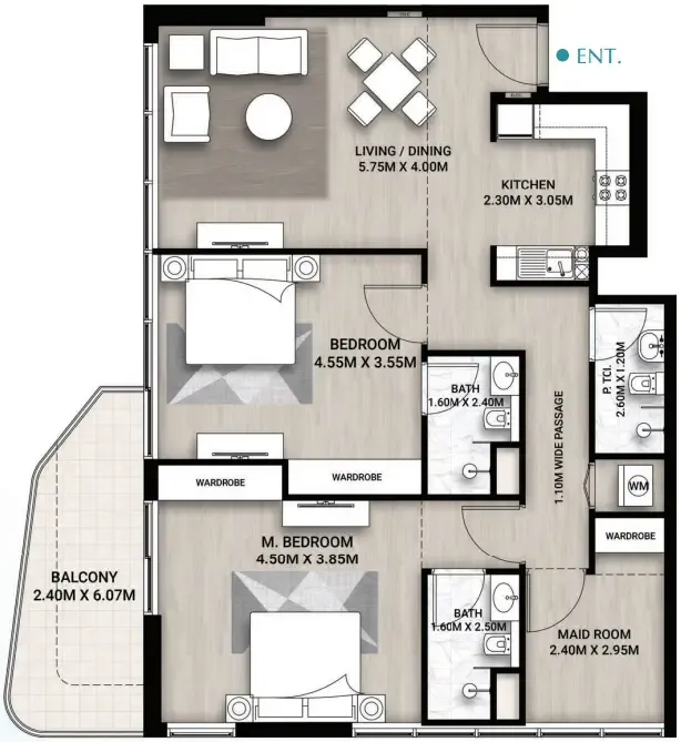 Whitecliffs Residences 2 bed floor plan, 1,253 sqft