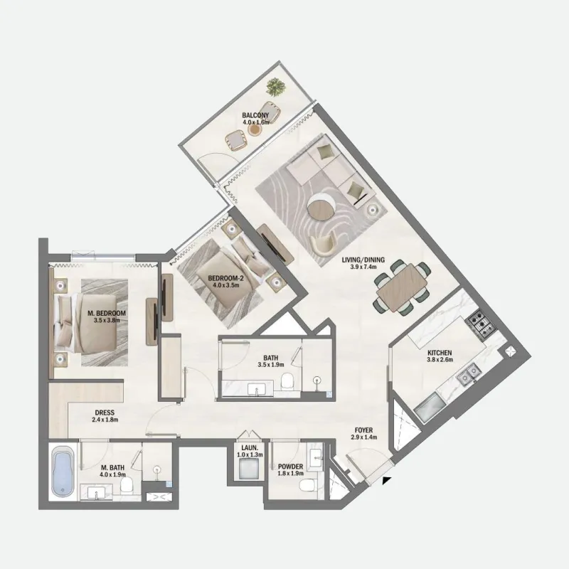 Beachfront Gates 2 bed floor plan, 1,333 – 1,335 sqft