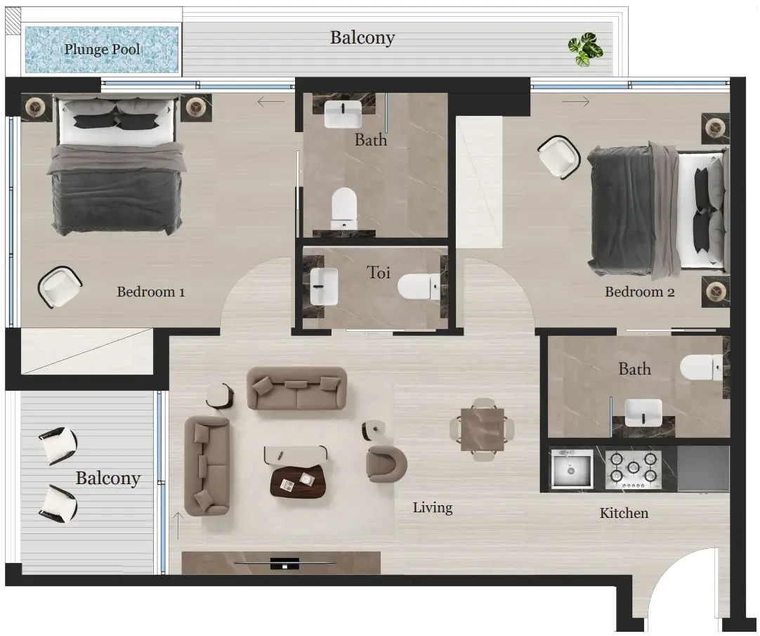 Rijas Suites 2 bed floor plan, 734 sqft
