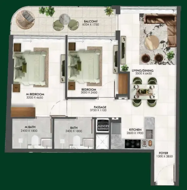 Enchante 2 bed floor plan, 973 – 1,151 sqft