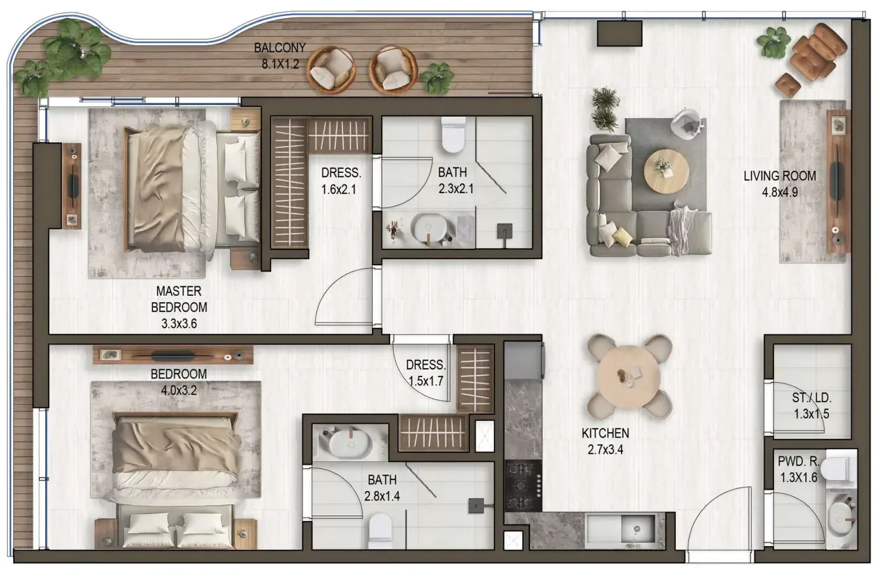 Noore 2 bed floor plan, 122 sqft