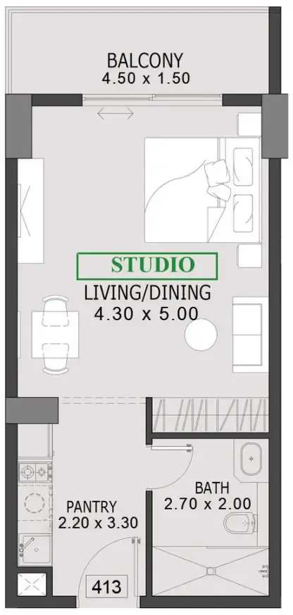 One By Preston Studio floor plan, 487 sqft