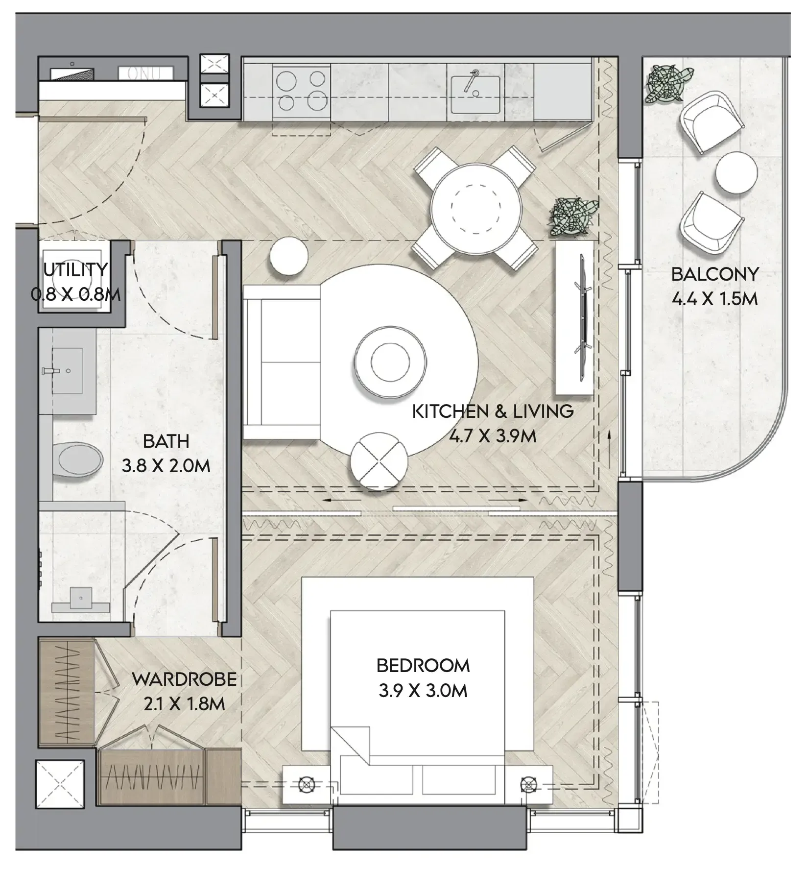 Nura 1 bed floor plan, 629 sqft