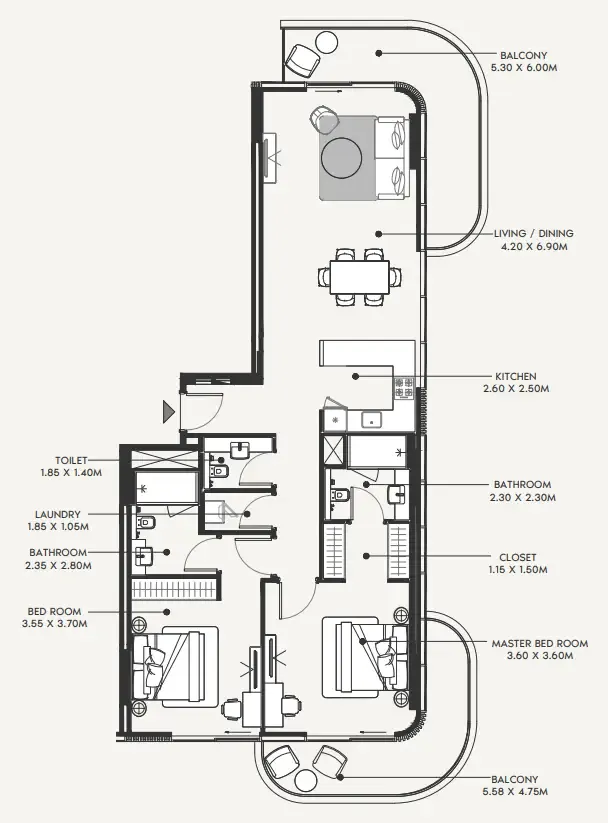 Azizi Amir 2 bed floor plan, 1,482 sqft