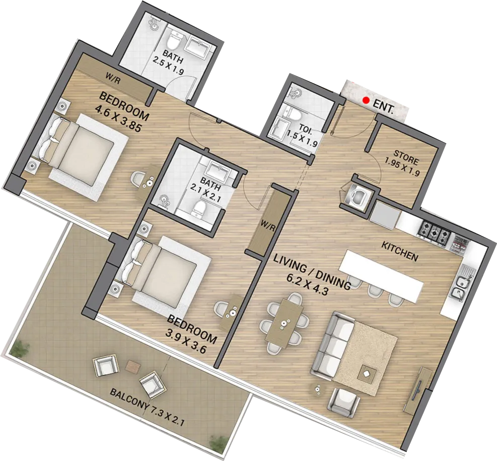 Ocean Tower 2 bed floor plan, 1,387 sqft