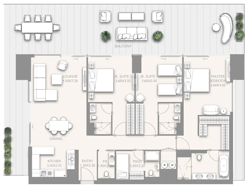 Fairmont Residences Solara Tower 3 bed floor plan, 2,743 sqft