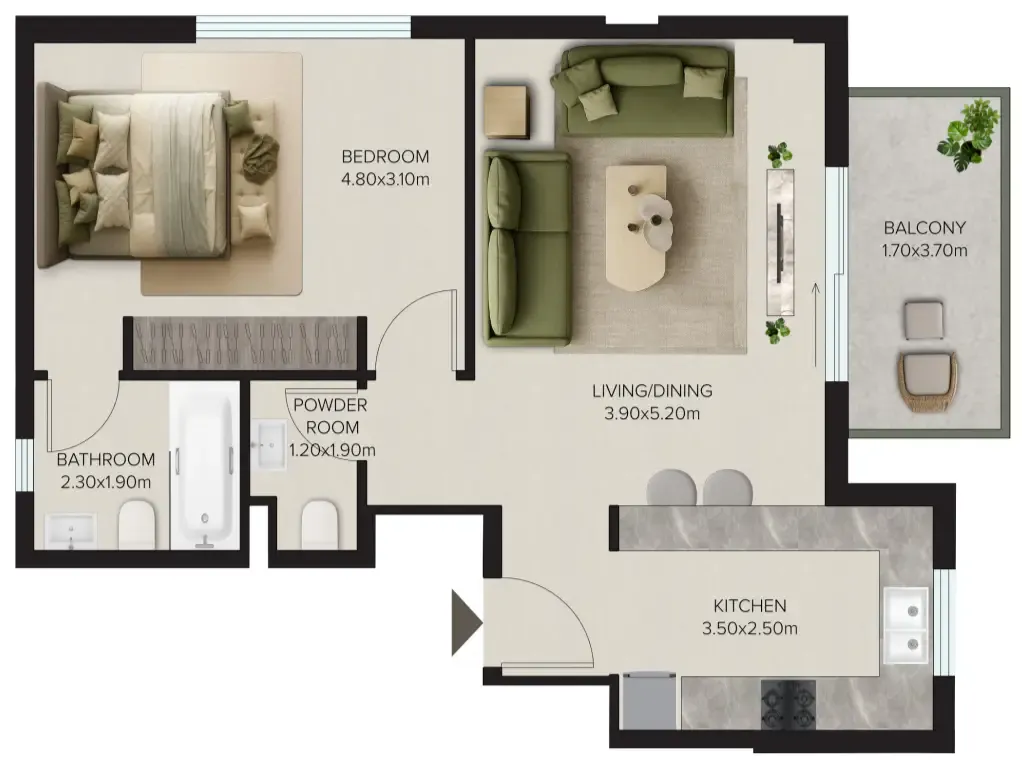 Esplora 1 bed floor plan, 750 sqft