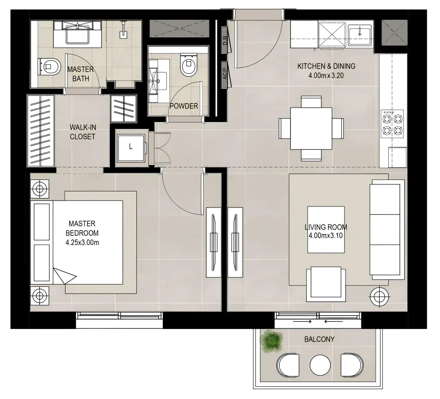 Fiori Residences 1 bed floor plan, 636 sqft