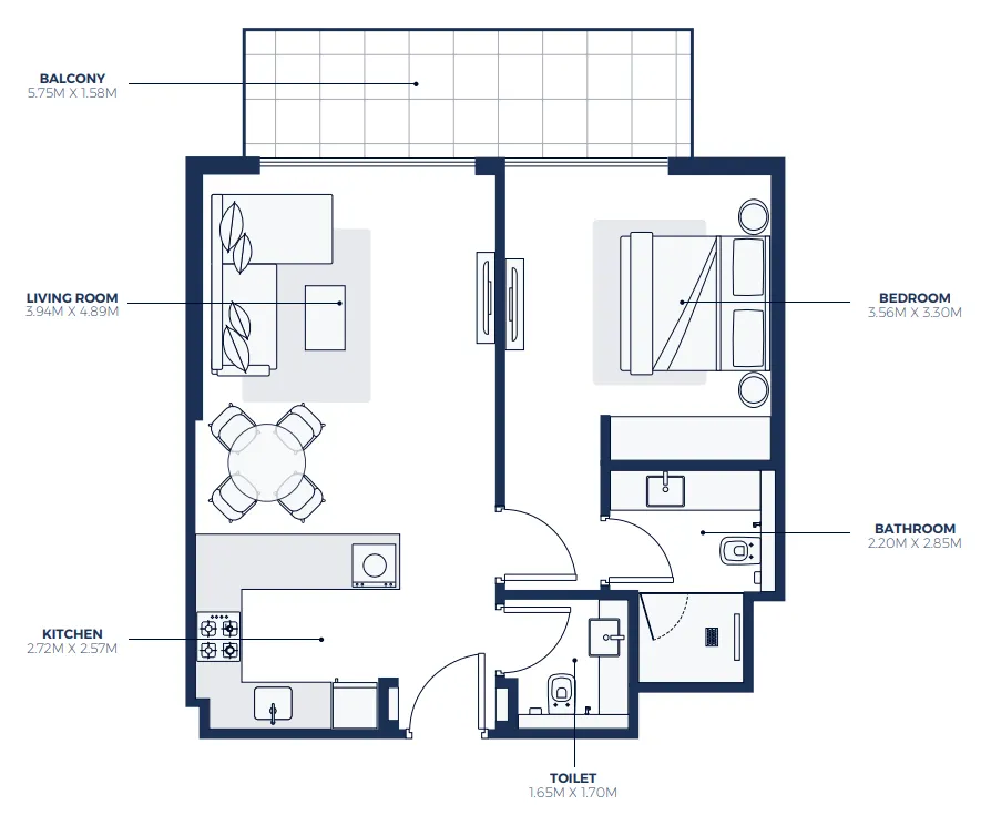 Creek Views 3 1 bed floor plan, 733 sqft