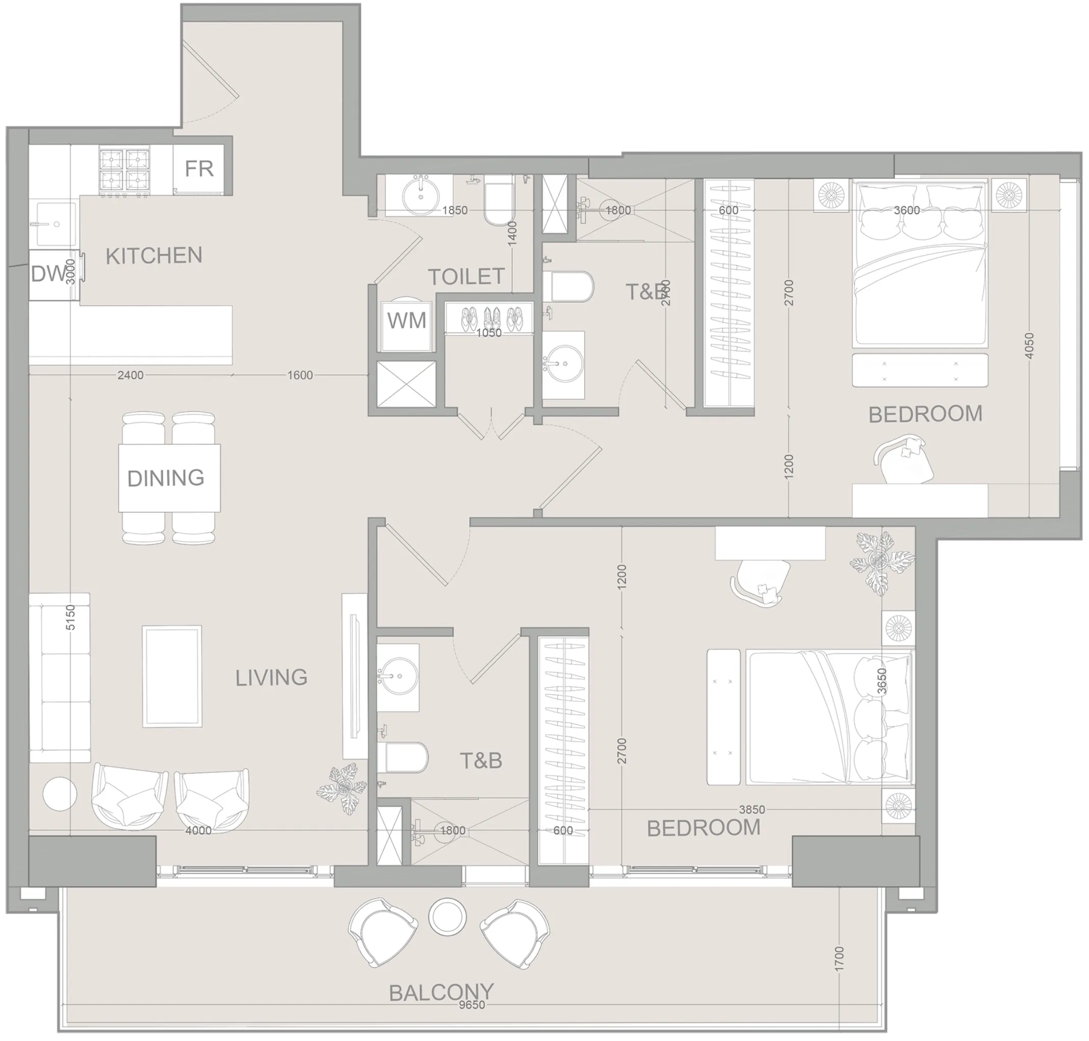 AUREL1A Residence 2 bed floor plan, 1,263 sqft