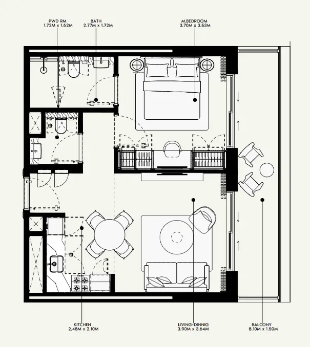 Azizi Venice 1 bed floor plan, 689 sqft