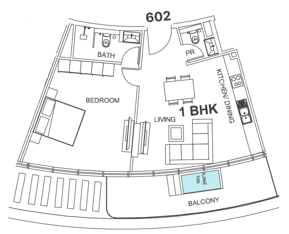 Villa Del Garda 1 bed floor plan, 877 sqft
