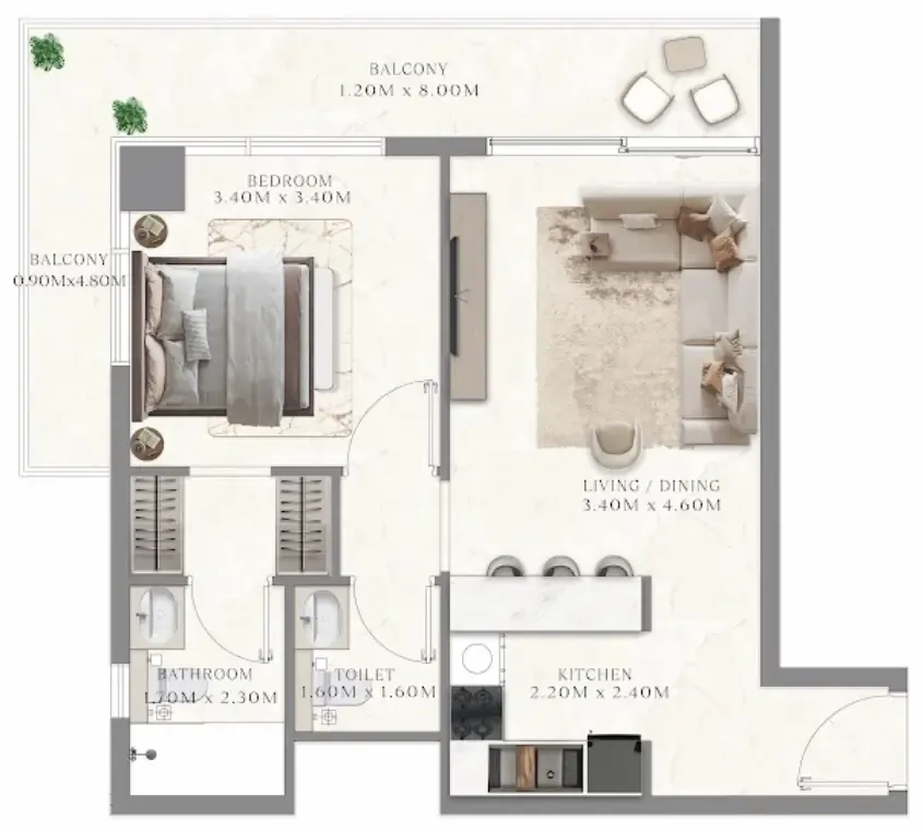 Aum 99 Residences 1 bed floor plan, 556 sqft
