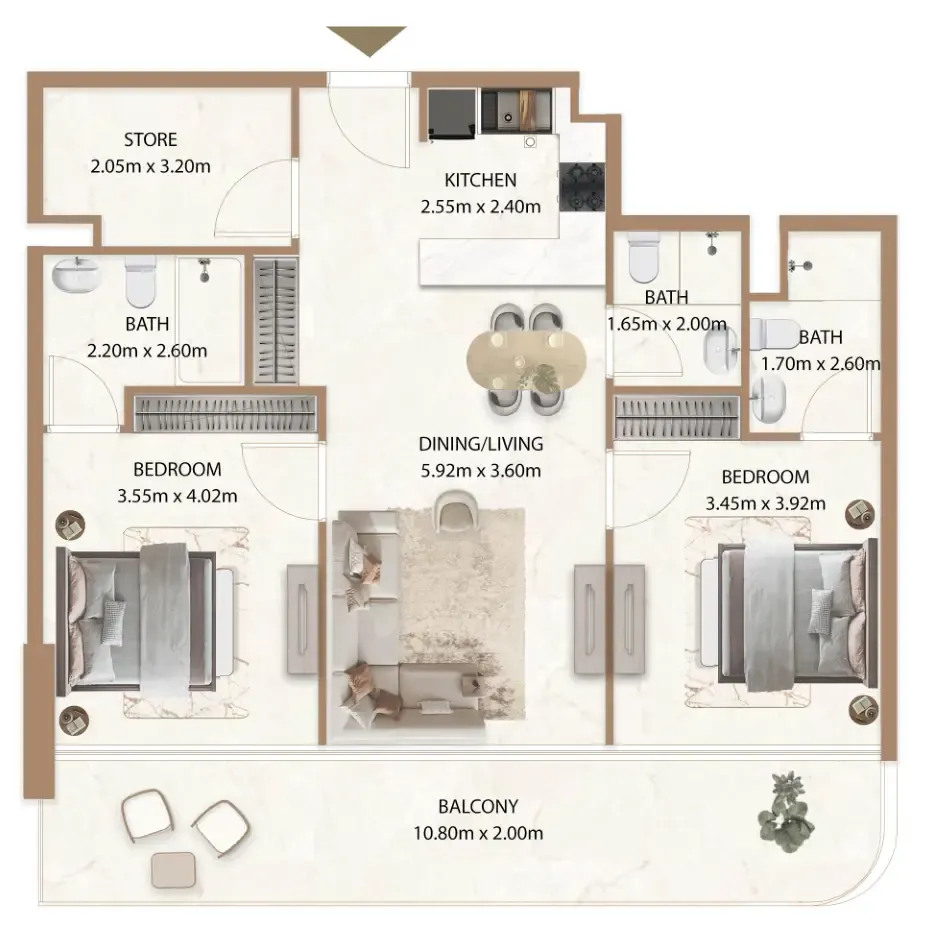 Veda by AUM Development 2 bed floor plan, 1,185 sqft
