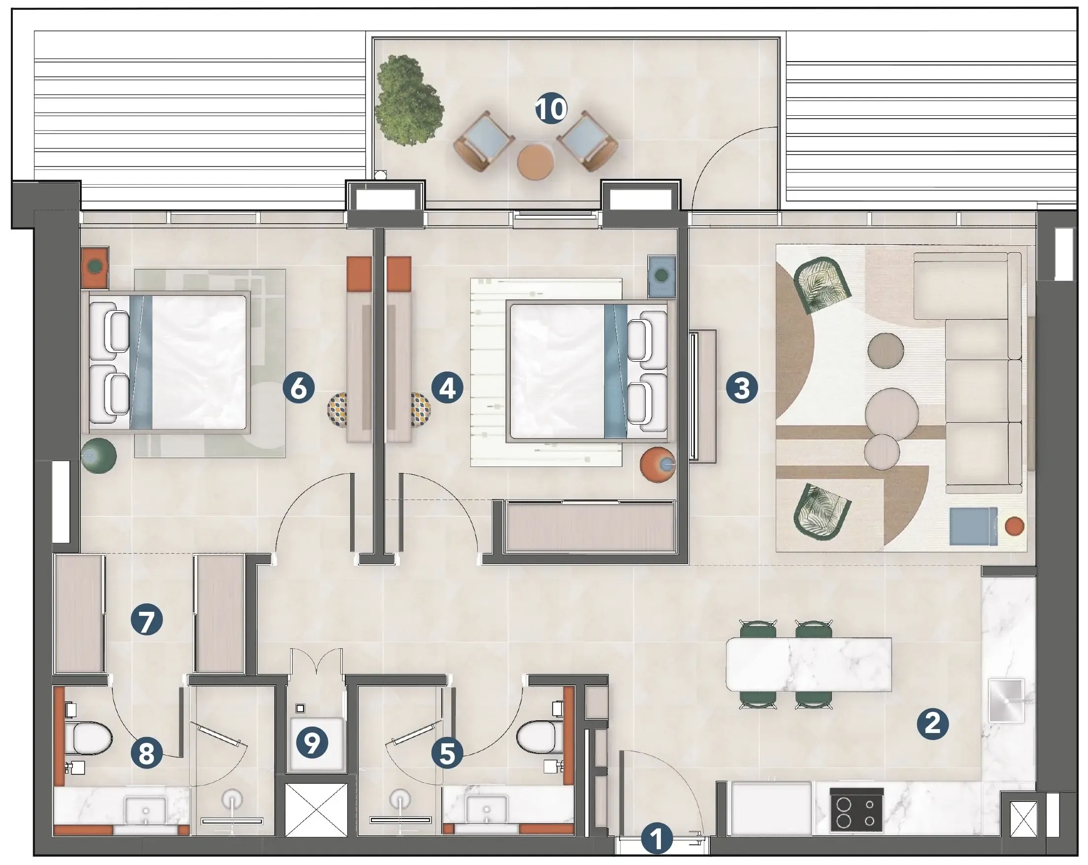 Rove Home Meydan Horizon 2 bed floor plan, 943 sqft