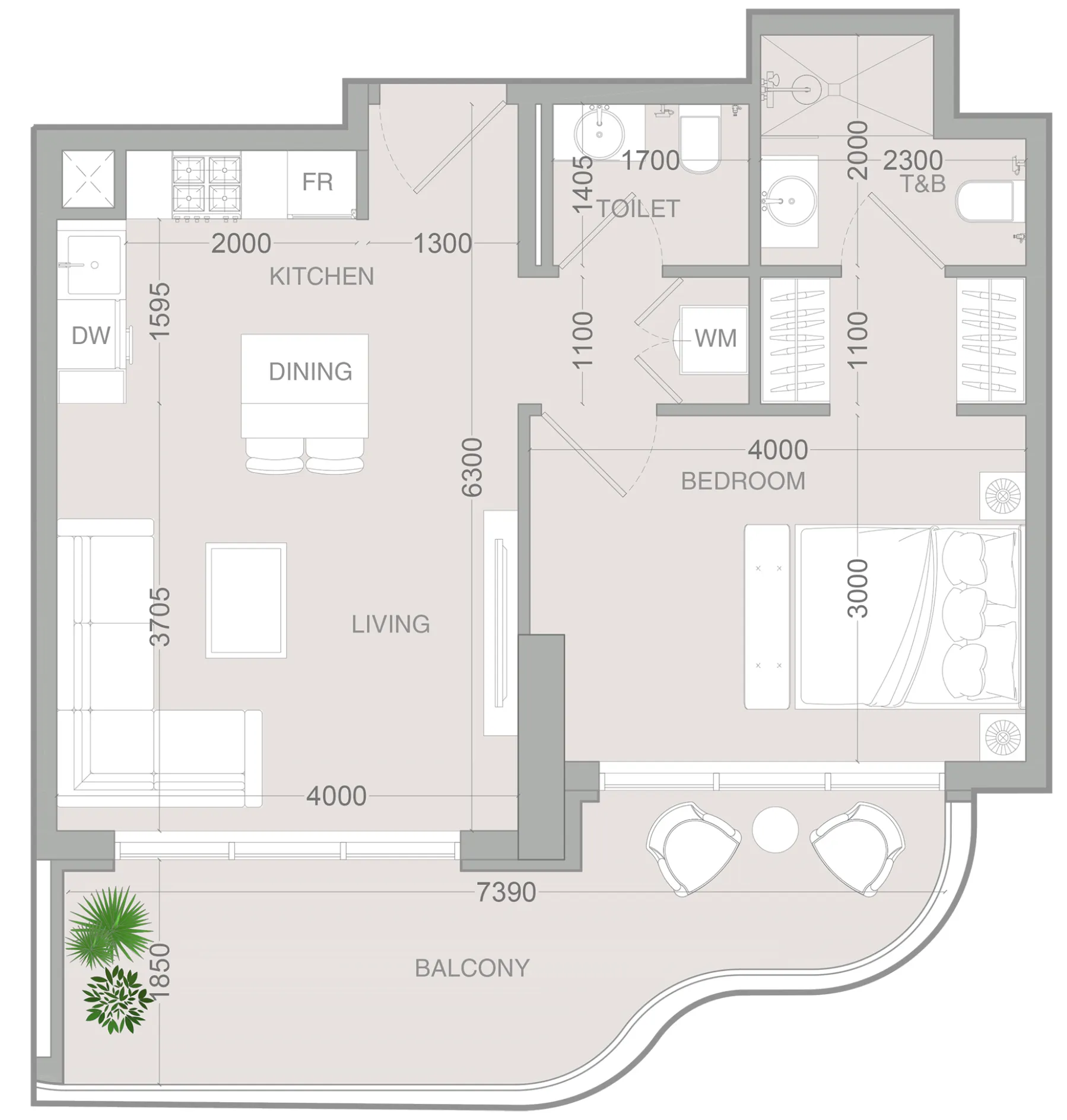 ALTA V1EW 1 bed floor plan, 725 sqft