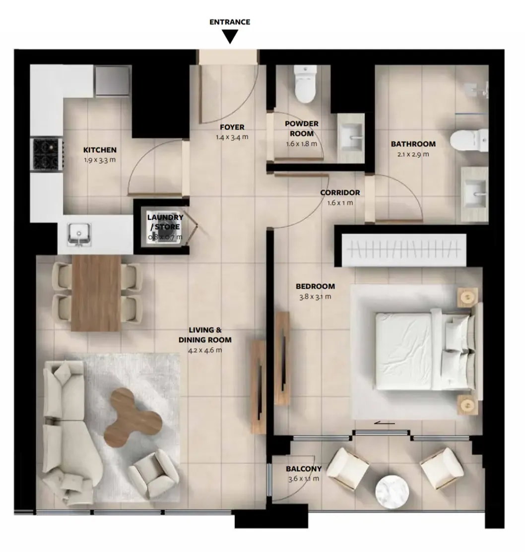 Waada Dubai South 1 bed floor plan, 749 sqft