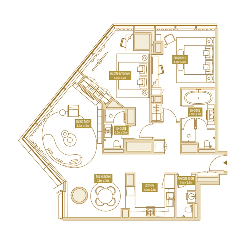 Uptown Tower 2 bed floor plan, 1,377 sqft
