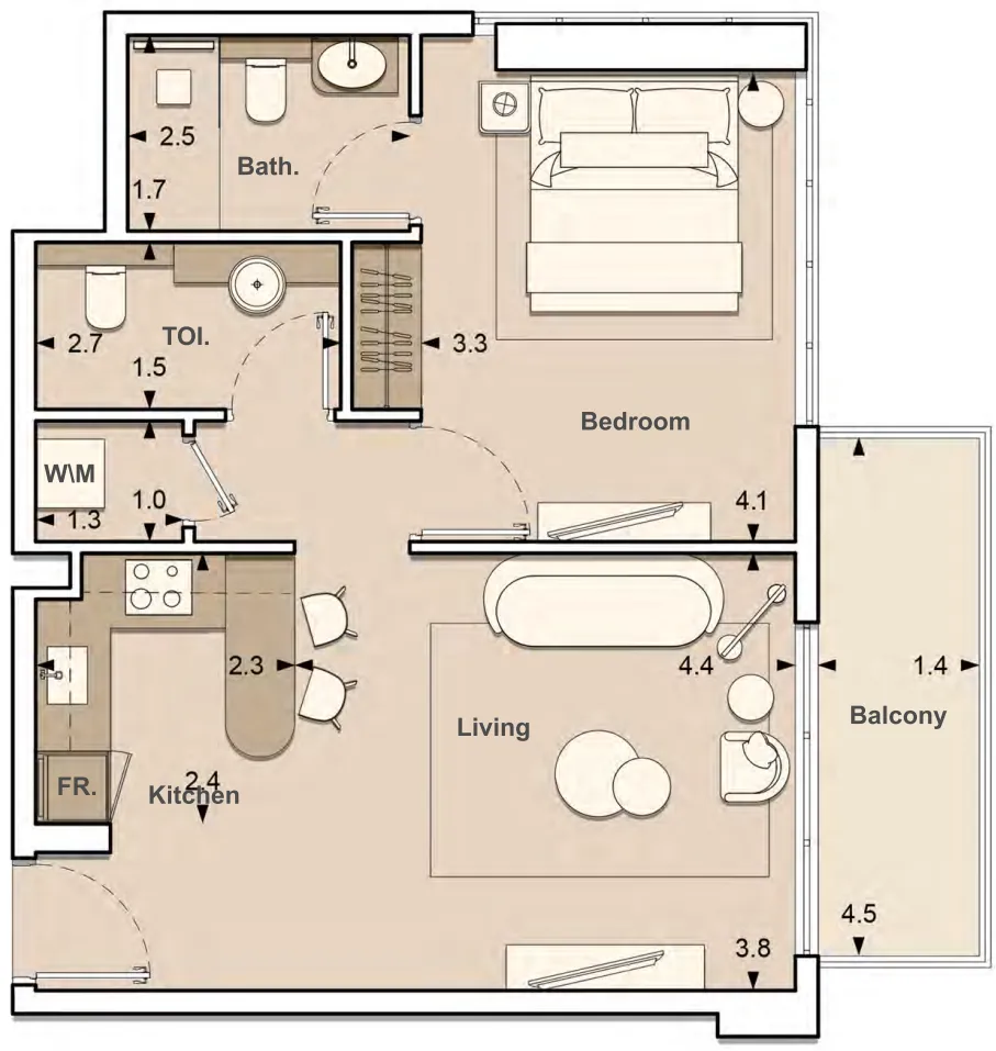 Lume Residences 1 bed floor plan, 677 sqft
