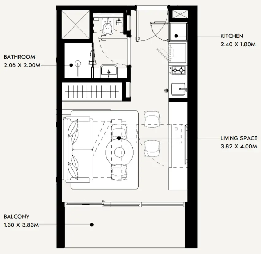 Jaddaf Beach Oasis Studio floor plan, 343 sqft
