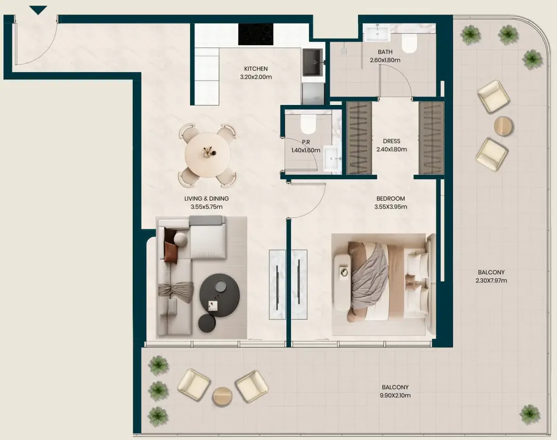 Kyomi Residences 1 bed floor plan, 1,138 sqft