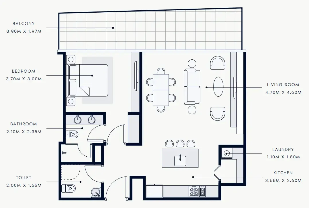 Riviera Rêve 1 bed floor plan, 899 sqft