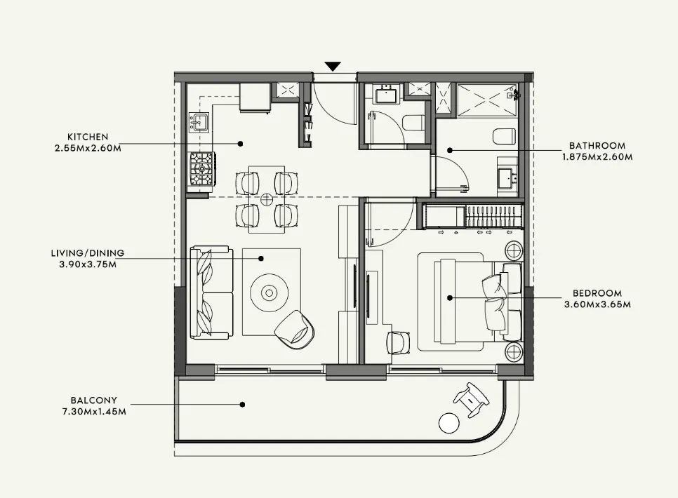 Azizi Venice 1 bed floor plan, 689 sqft