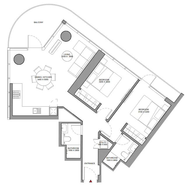Sobha Solis 2 bed floor plan, 1,127 sqft