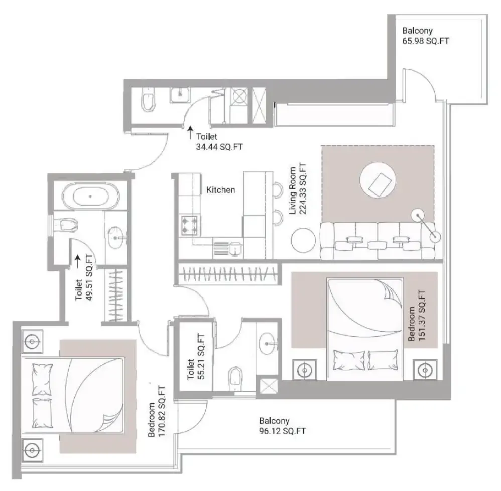 Ajman Creek Towers 2 bed floor plan, 1,562 sqft