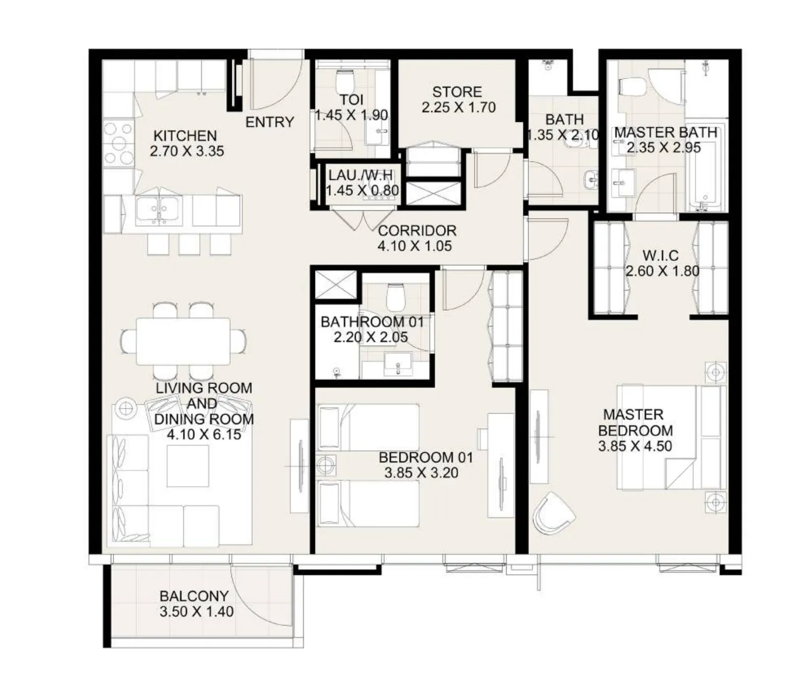 Canal Front Residences 3 and 4 2 bed floor plan, 1,330 sqft