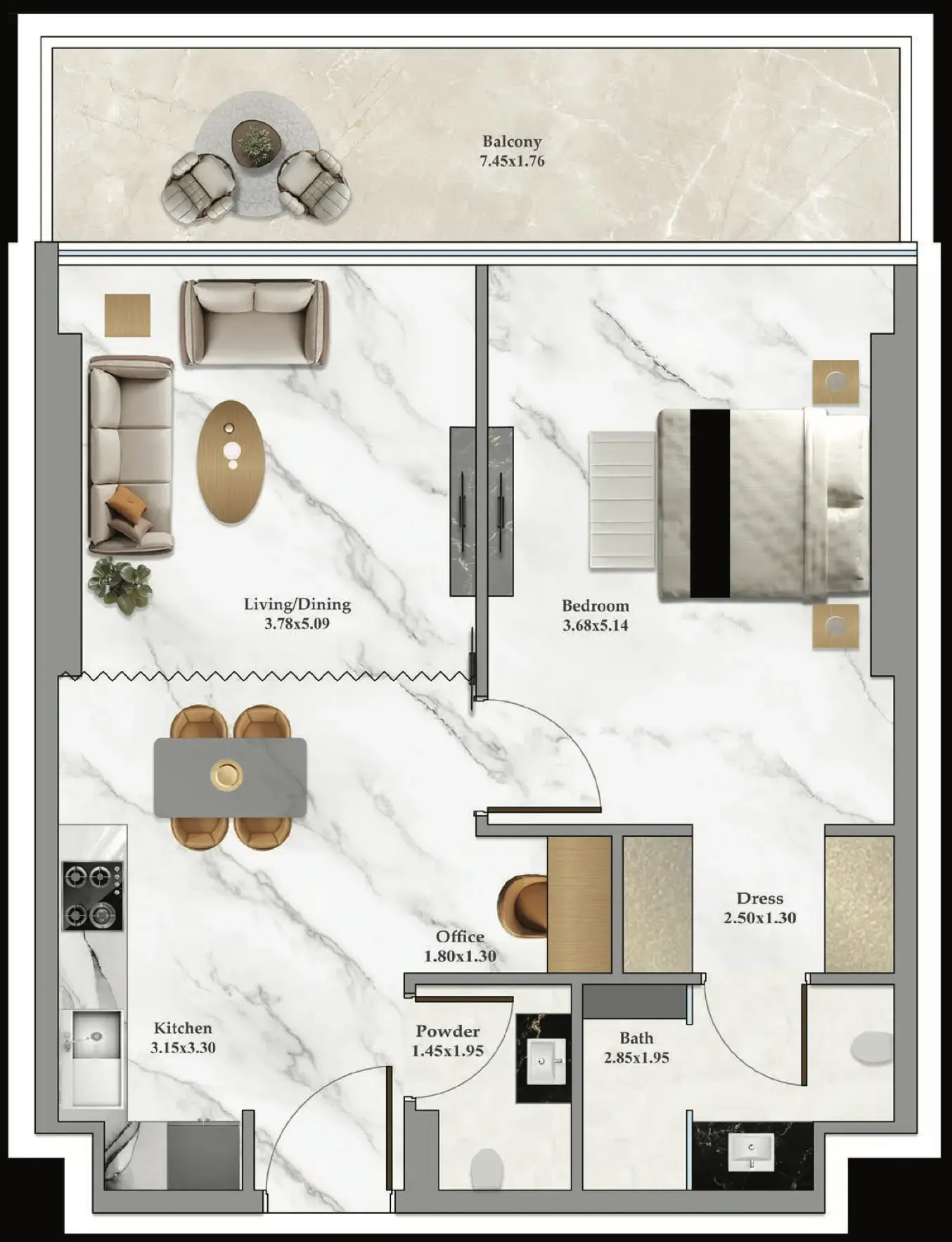 Bayz 102 1 bed floor plan, 752 sqft