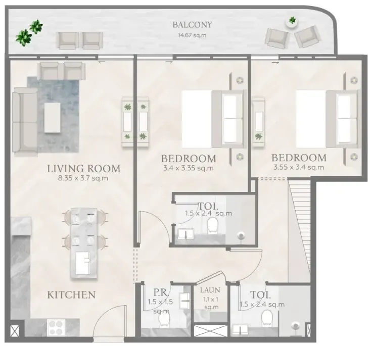 Casa Aura Residence 2 bed floor plan, 1,069 sqft