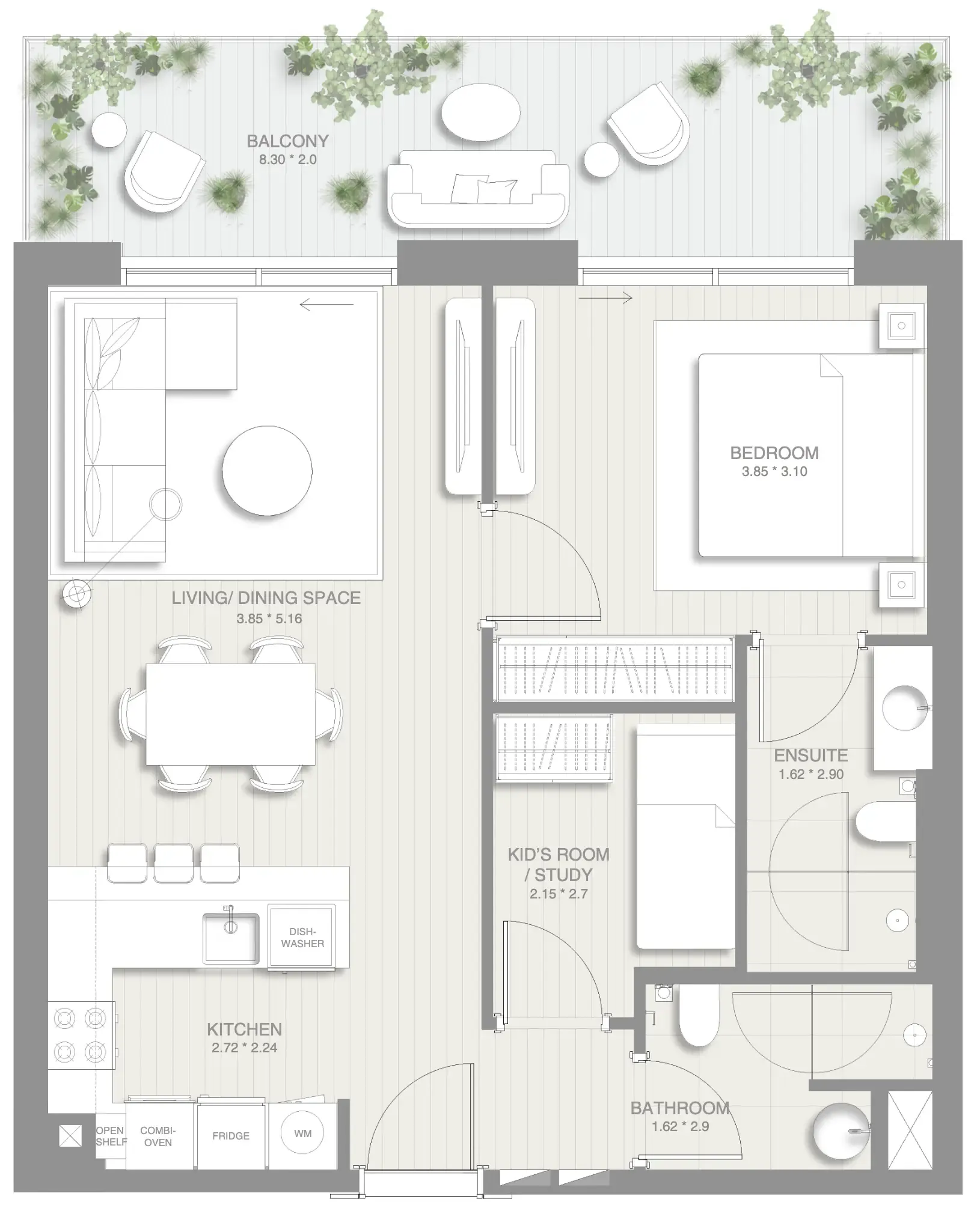 Sol Levante 1 bed floor plan, 883 sqft