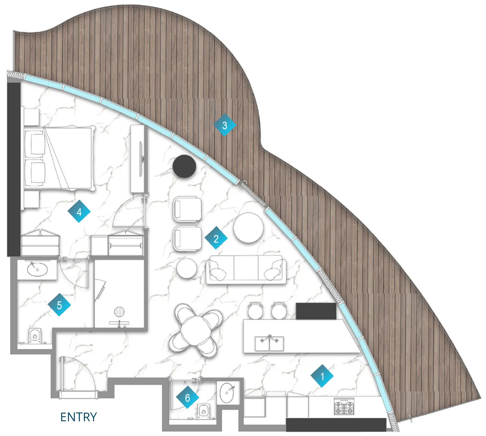 Aqua Arc 1 bed floor plan, 1,240 sqft