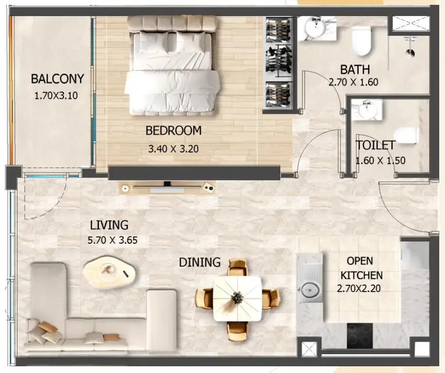 Crystal Tower by VHS 1 bed floor plan, 656 sqft