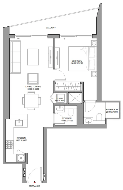 The Eden at Sobha Central 1 bed floor plan, 744 sqft