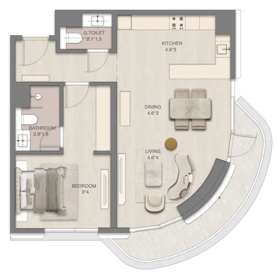 Mirasol Mina 1 bed floor plan, 882 sqft