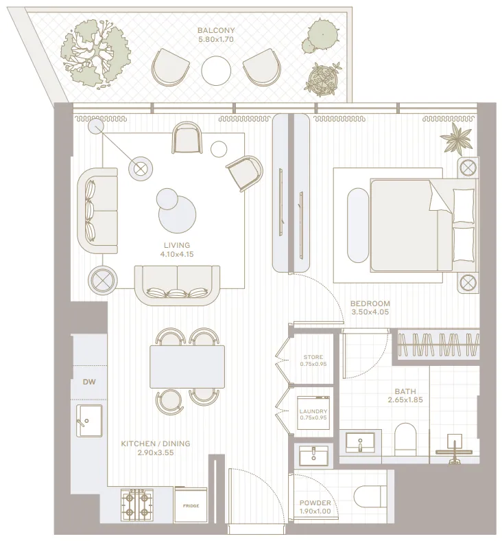 Park Five 1 bed floor plan, 768 sqft