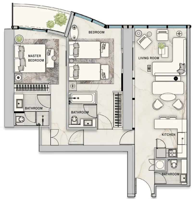 The Biltmore Residences Sufouh 2 bed floor plan, 1,127 sqft