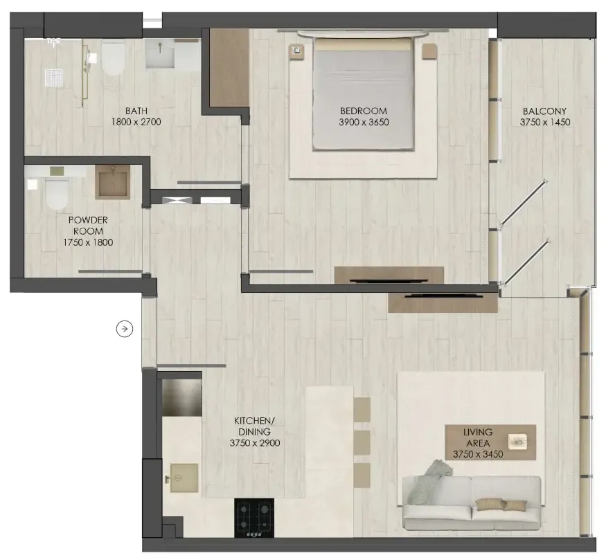 JAD 288 1 bed floor plan, 666 sqft