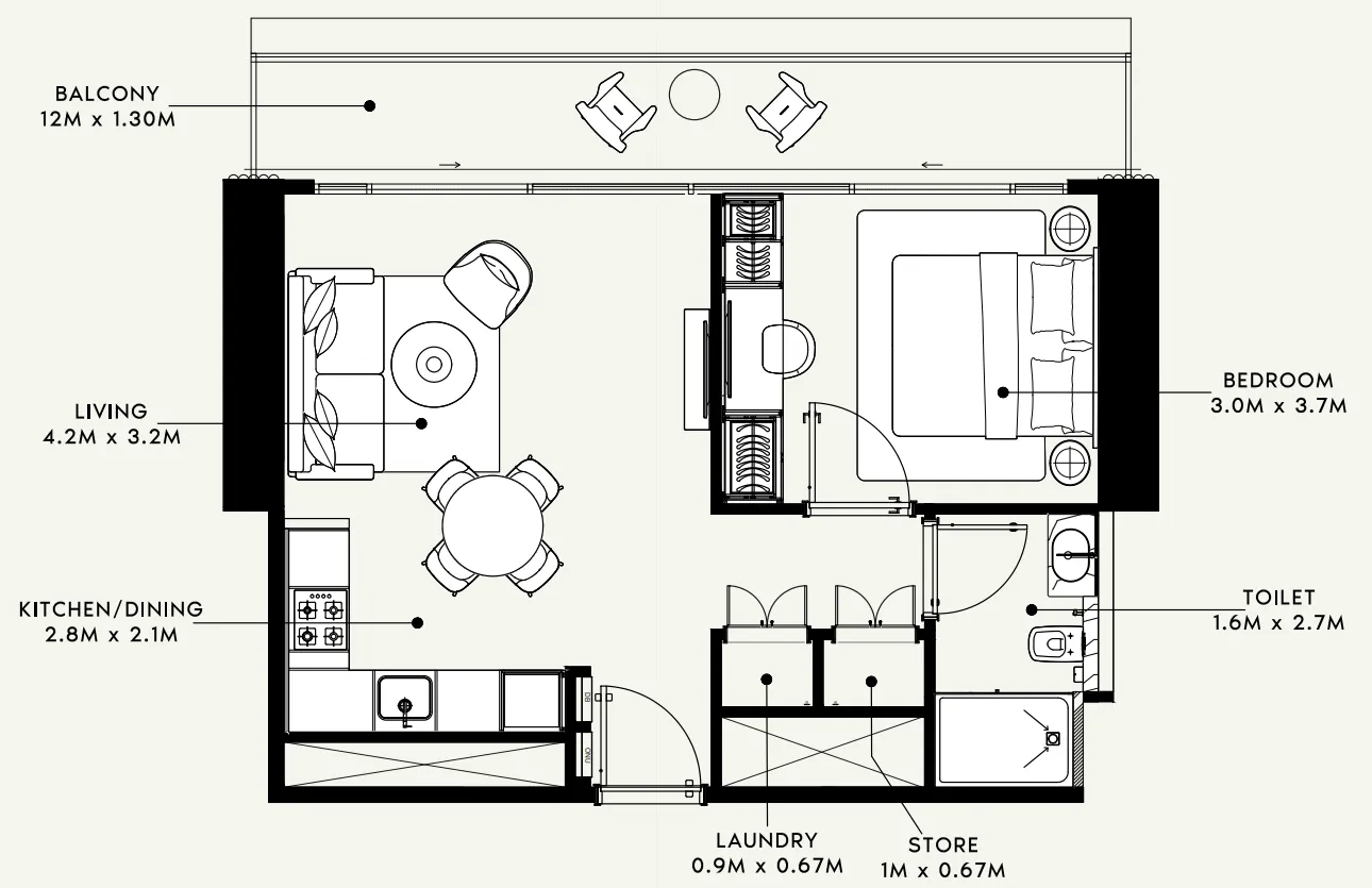 Azizi Milan 1 bed floor plan, 665 sqft