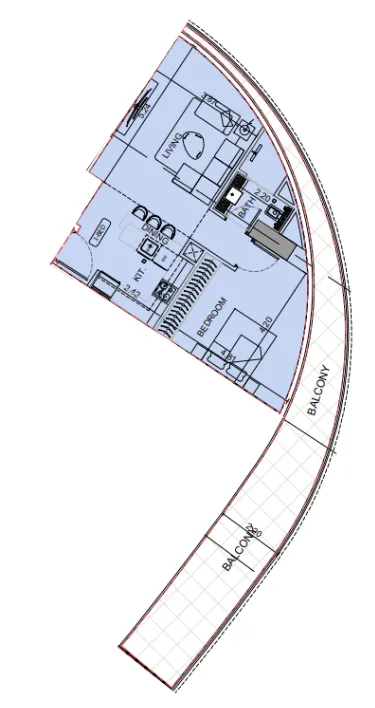 Binghatti Aquarise 1 bed floor plan, 1,027 sqft