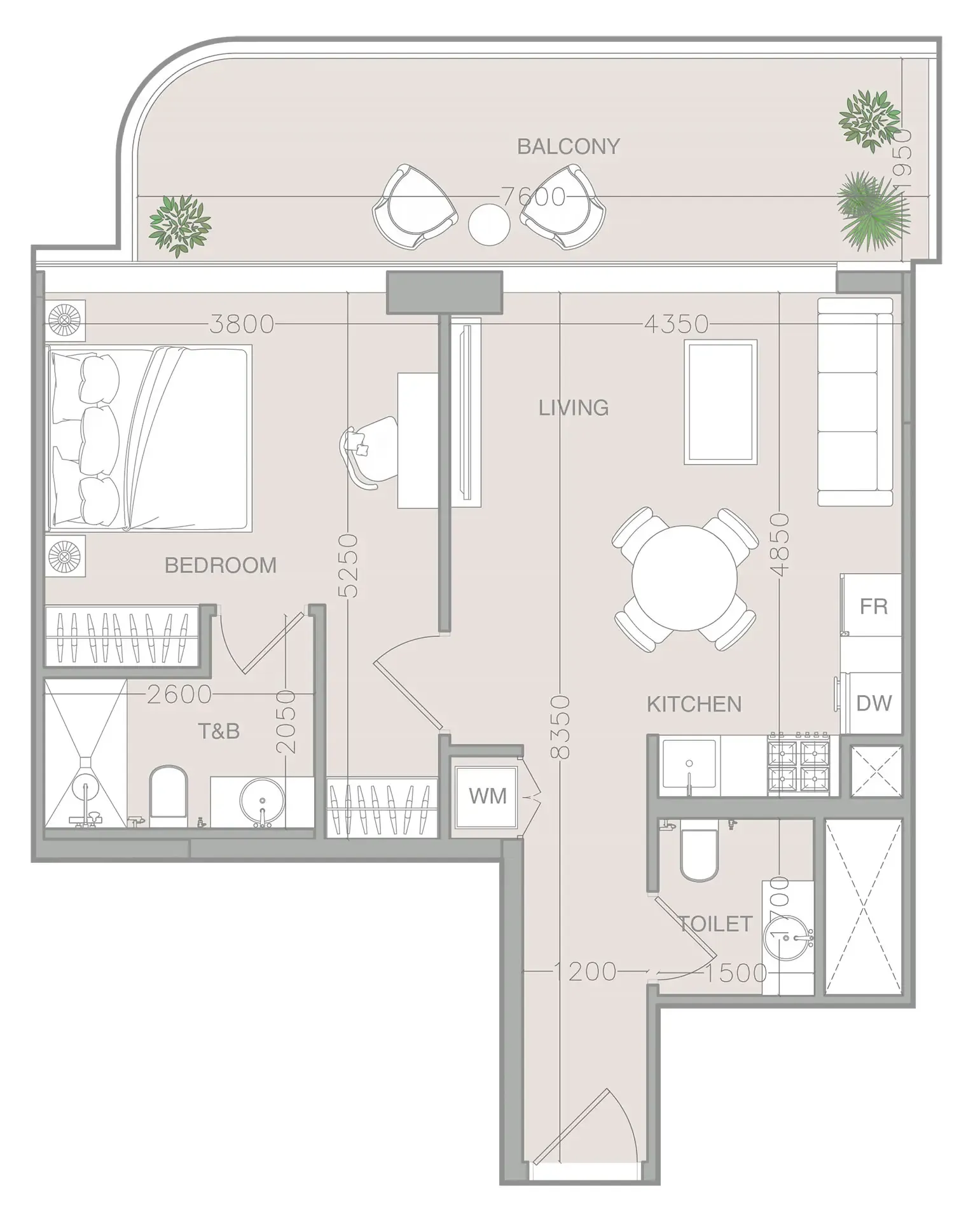 ELAR1S Axis 1 bed floor plan, 750 sqft