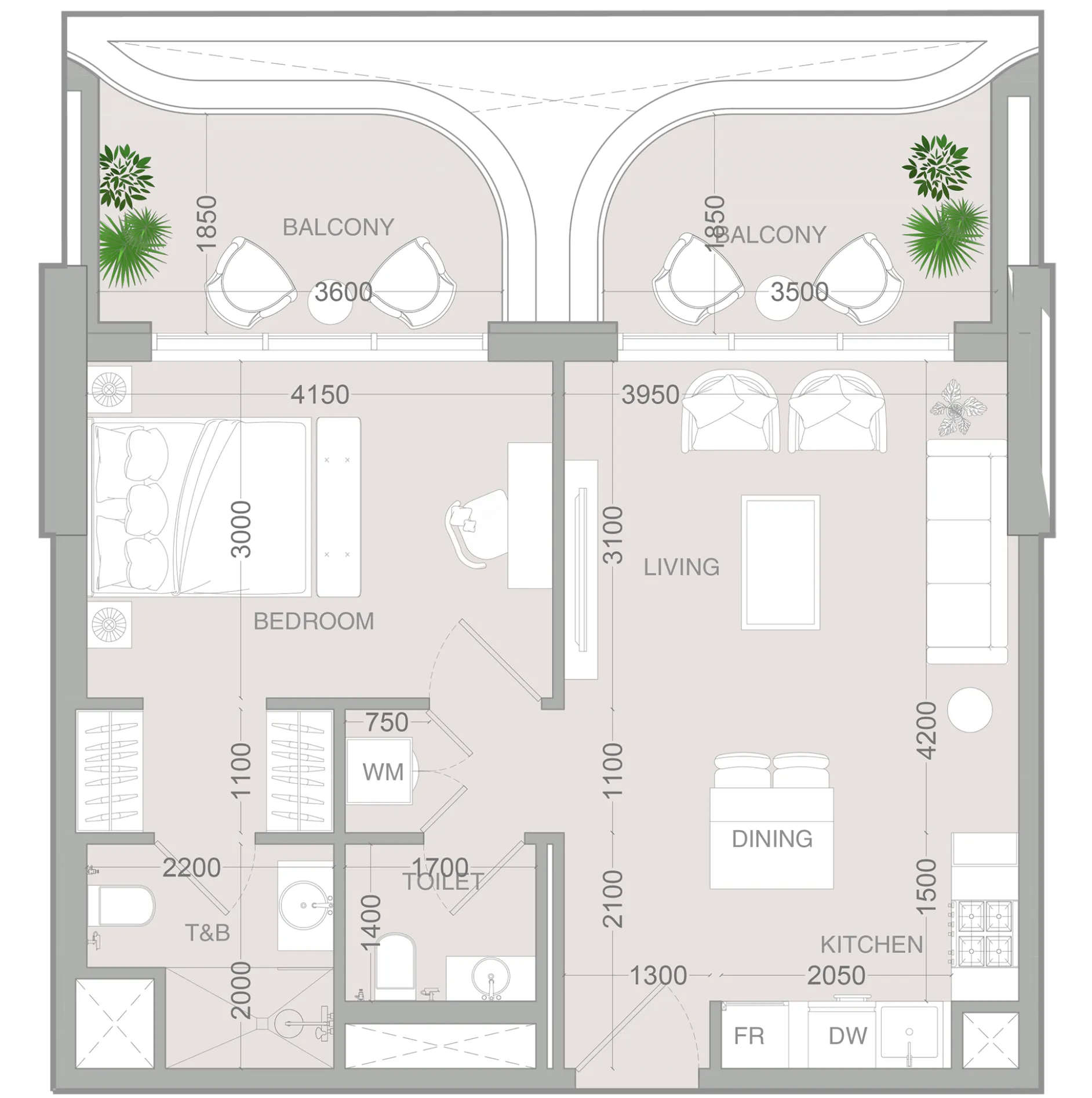 ALTA V1EW 1 bed floor plan, 736 sqft
