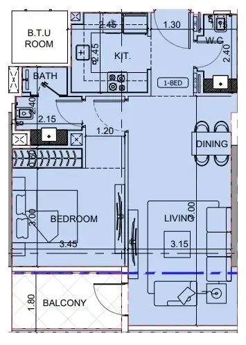Binghatti Cullinan 1 bed floor plan, 702 sqft