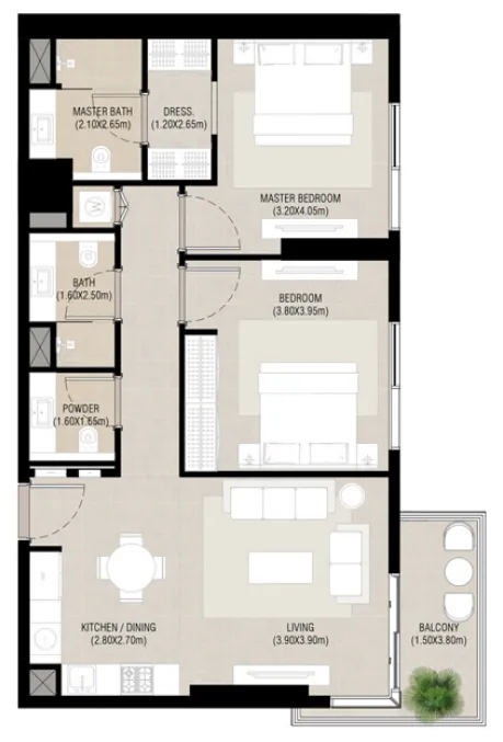 Camden 2 bed floor plan, 955 – 992 sqft