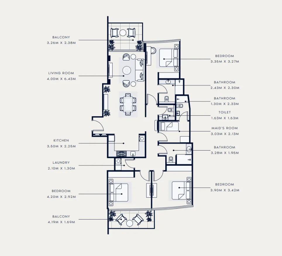 Azizi Venice 3 bed floor plan, 1,617 sqft