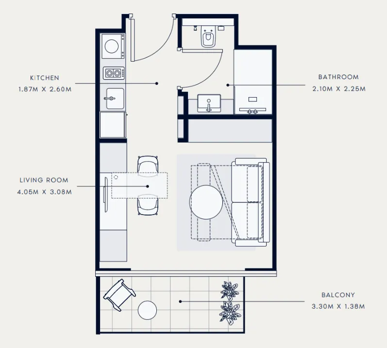 Azizi Venice Studio floor plan, 334 sqft