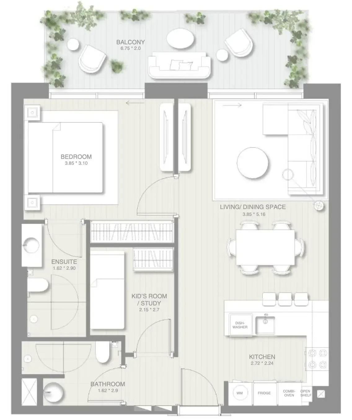 Sol Levante 1 bed floor plan, 860 sqft