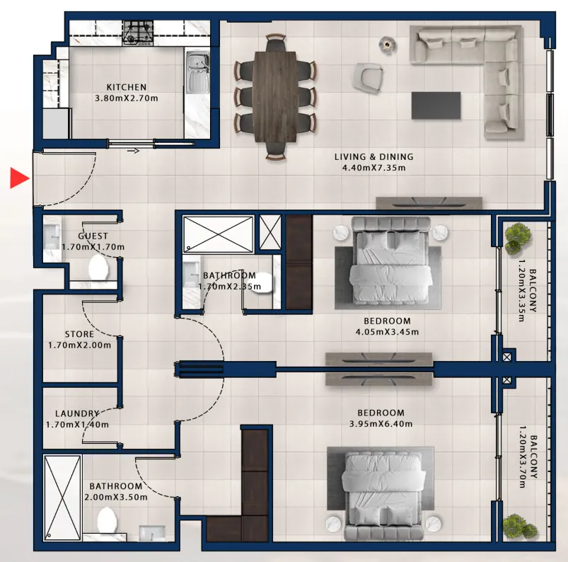 Asayel Avenue 2 bed floor plan, 1,468 sqft
